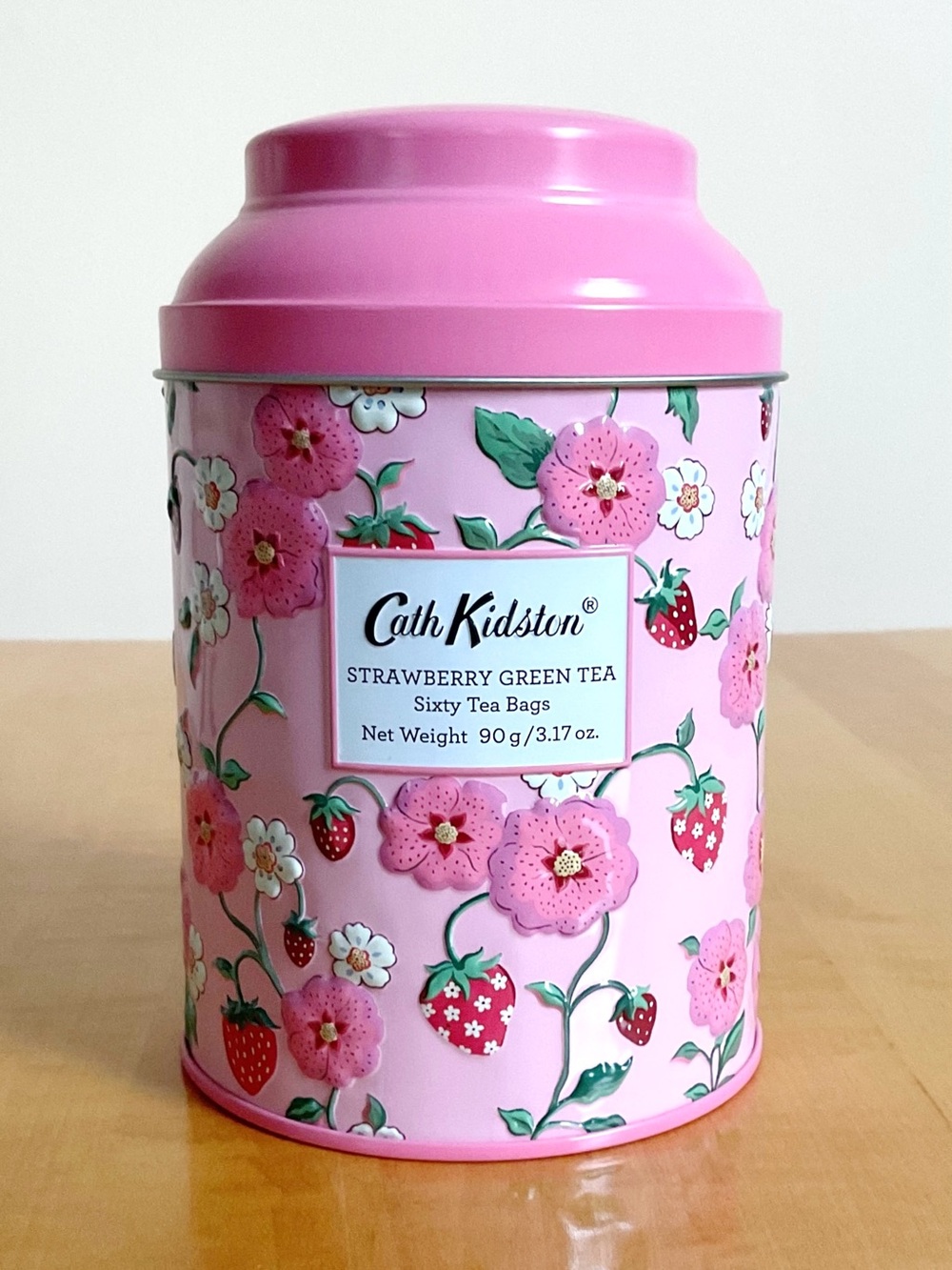 Cath Kidston Empty Tea Tin Pink Strawberry Floral Embossed Storage Canister